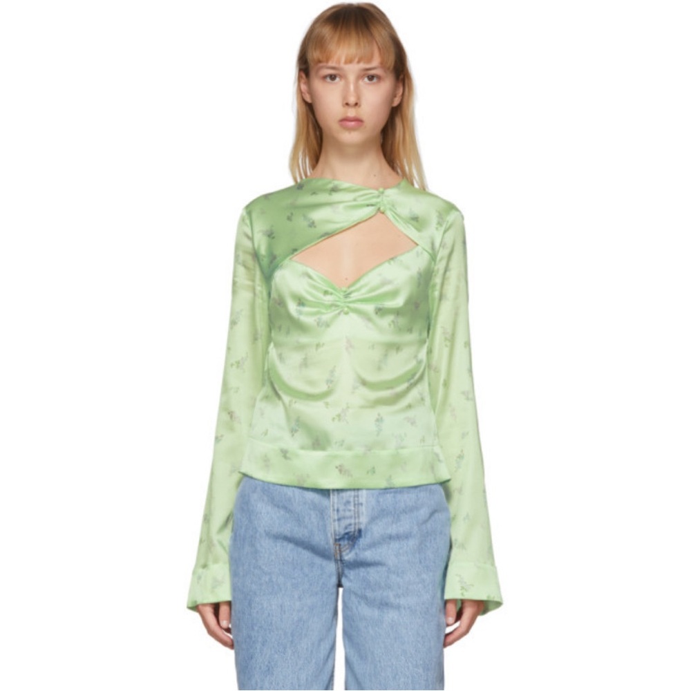 GANNI Green Silk Floral Blouse asymmetrical neck. NWT size 40. Retails $445